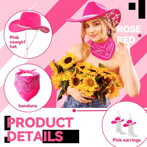 SHENYI Cowgirl Hat and Bandana and Heart Sunglasses Glitter Rhinestone Star Cowboy Hat Western Sparkly Hats for Women Men - color: Cowgirl Hot Pink