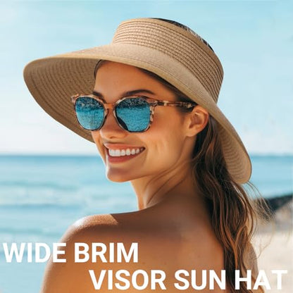 PFFY Sun Visor Hats for Women Wide Brim Straw Packable Ponytail Beach Hat - color: Beige