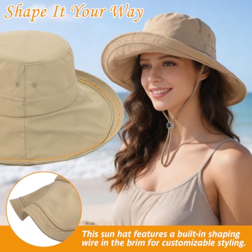 Women's UPF 50+ Waterproof Wide Brim Sun Bucket Hat with Ponytail Hole - color: Camel