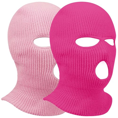 2pcs 3 Hole Winter Knitted Mask, Full Face Cover Ski Scarf Mask Warm Balaclava for Adult Skiing, Motorcycle,Wind Protection - color: Pink+rose