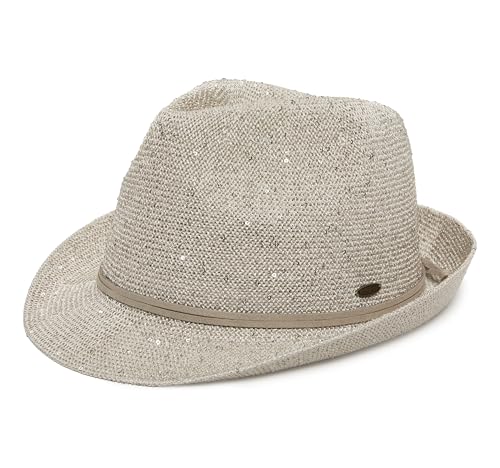 Funky Junque Short Brim Fedora Packable Sun Hat for Women - color: Sequin - Cream
