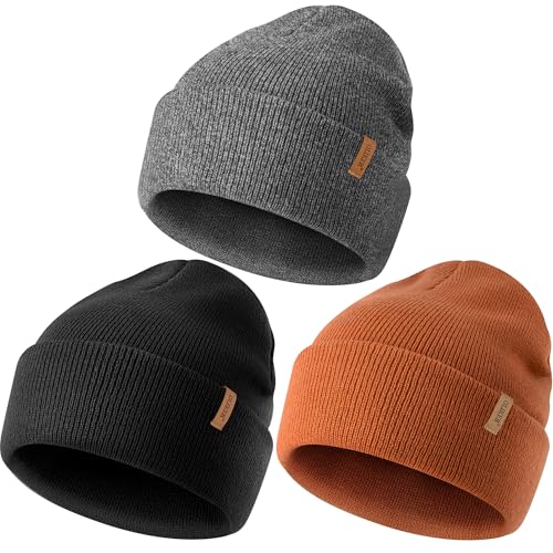 Beanie for Men Women, Winter Double Layer Warm Hat Skull Cap - color: Dark Grey+black+dark Orange