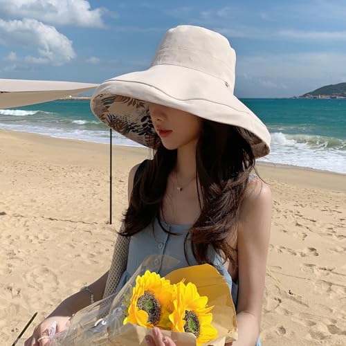 Women Wide Brim Sun Protection Hat Summer Fishing Hats - color: Beige and Leaf Print