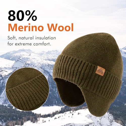 TOP-EX DryKnit™ 80% Merino Wool Waterproof Ear Flap Beanie M/L/XL - color: Green, size: Medium-Large