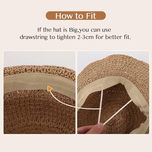Oweisong Sun Hats for Women Wide Brim Floppy Beach Hats Packable Boho Crochet Straw Hat for Summer Vacation Travel - color: Khaki