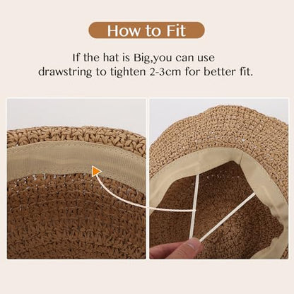 Oweisong Sun Hats for Women Wide Brim Floppy Beach Hats Packable Boho Crochet Straw Hat for Summer Vacation Travel - color: Khaki