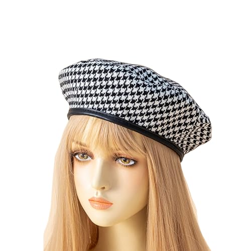 Women's Berets: Black Houndstooth Red Beret Hats for Women Fall Winter Fashion Outfit - color: Houndstooth Black