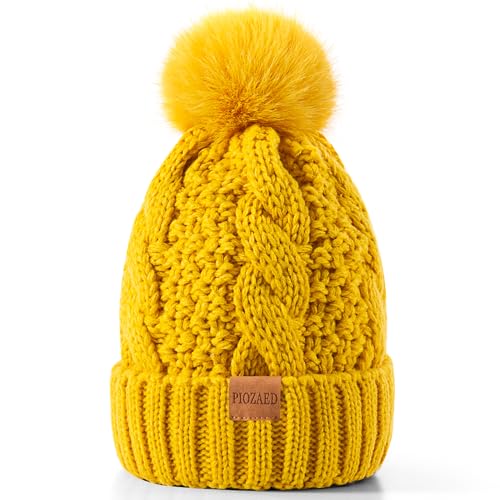 Women's Winter Pompom Beanie Warm and Cozy Knit Hat Fleece Lining Skull Cap for Women - color: Yellow