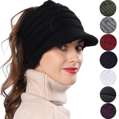 Women's BeanieTail Warm Knit Hat Messy High Bun Ponytail Visor Beanie Cap - color: B324-black, size: Medium