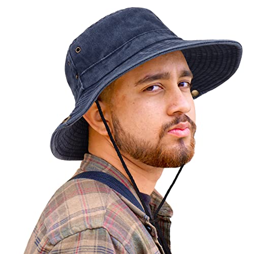 Unisex Cotton Boonie Hat Summer Fishing Bucket Hat Sun Hat with String - color: Retro Dark Blue