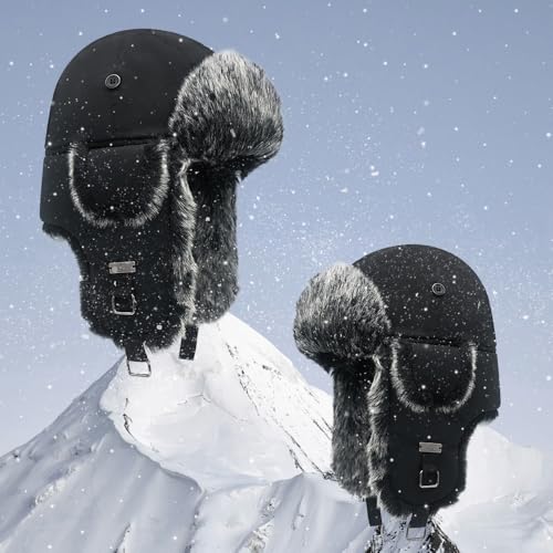 Winter Trapper Hat,Warm Faux Fur Aviator Hat,Russian Trooper Hunting Ski Hat with Ear Flaps for Men & Women - color: Black -3, size: Large