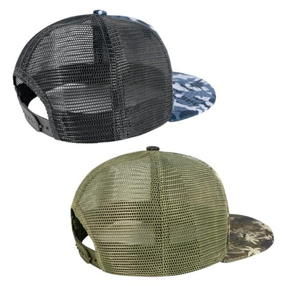 BASSDASH 2 Pack Flat Brim Trucker Cap Adjustable Snapback Hat Mesh Back for Men Women Fishing Hunting - color: Pack of 2, Shark Camo & Palm Tree Camo