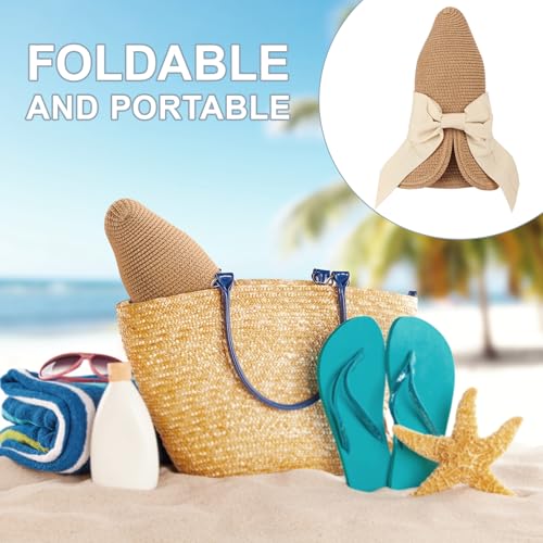 DRESHOW Sun Hats for Women Travel Fedora Foldable Beach Sun Hat Summer Wide Brim Straw Bucket Hat with Bowknot UPF 50+ - color: 1 Pack With Bowknot: Camel (Beige Band)