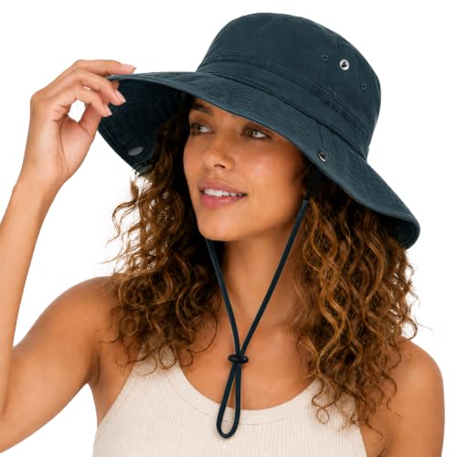 Womens Satin Lined Sun Hat UV Protection Washed Cotton Sun Hat with Satin Lining for Outdoor Beach Travel Hiking - color: Navy Blue, size: One Size-Large