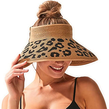 Women Sun Visors Wide Brim Foldable Packable Ponytail Beach Hat Straw Leopard Roll Up Bow Visor Sun Hats - color: Leopard