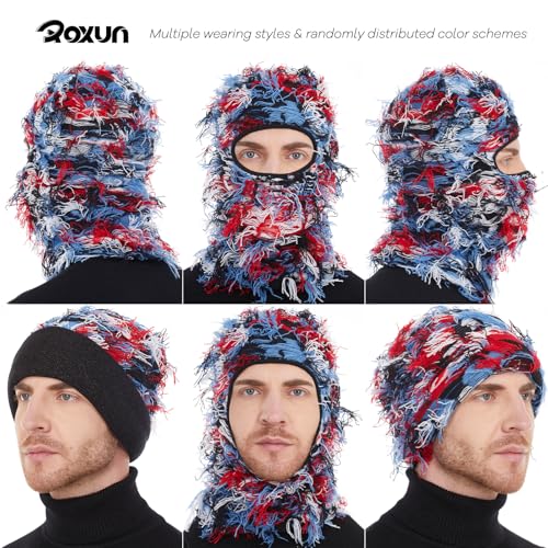 ROXUN Distressed Ski Mask Balaclava, Yeat Shiesty Fluffy Knitted Full Face - color: 01- Red Blue