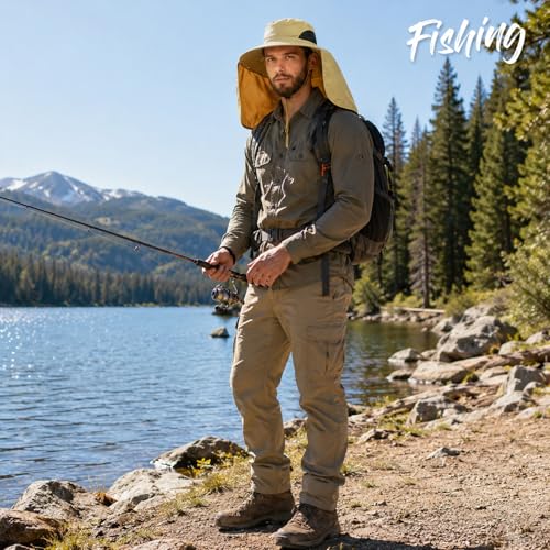 HUAMULAN Women Men Wide Brim Sun Hat Hiking Fishing Hats with Neck Flap - color: Yq005-beige