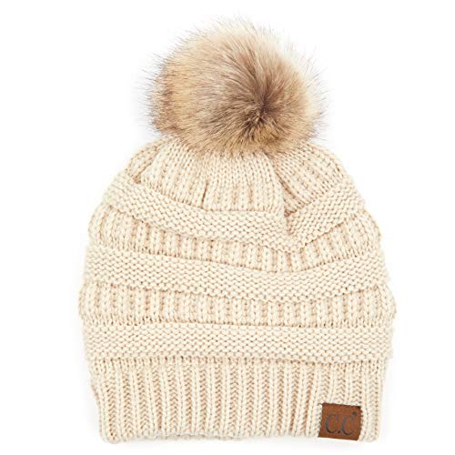 C.C Hatsandscarf Exclusives Unisex Solid Ribbed Beanie with Pom (HAT-43) - color: A Gift Set-beige