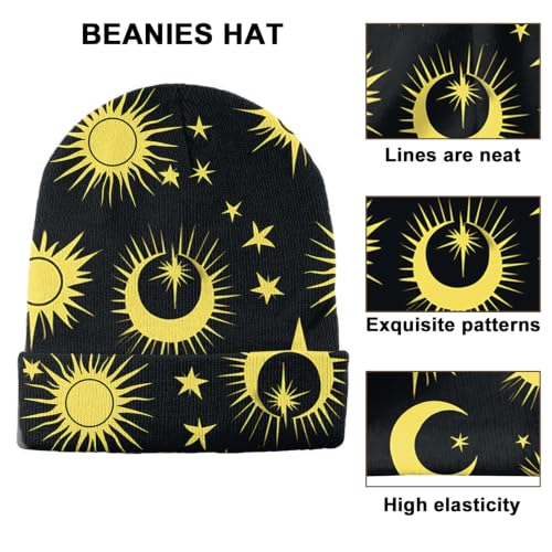 Beanie Knit Hat Winter Unisex Cuffed Beanies Skull Cap Warm Double Layer Thick Acrylic Cute for Girls Women Men - color: Sun Moon