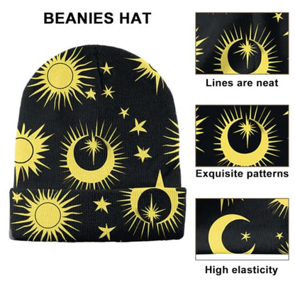 Beanie Knit Hat Winter Unisex Cuffed Beanies Skull Cap Warm Double Layer Thick Acrylic Cute for Girls Women Men - color: Sun Moon