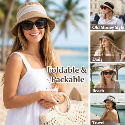 Babalet Women Summer Bucket Sun Hat Lightweight Beach Faux Linen Blend Bucket Hat Adjustable Foldable UV Protection Beach Cap - color: Marled Khaki / White Band