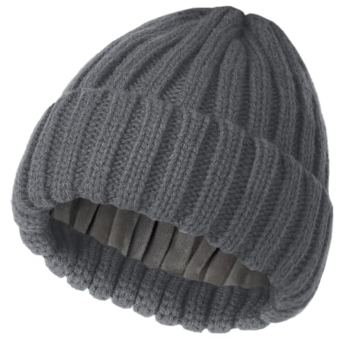 Fleece Lined Wool Beanie Hat Women Men,Winter Knit Chunky Snow Cap - color: 1-grey