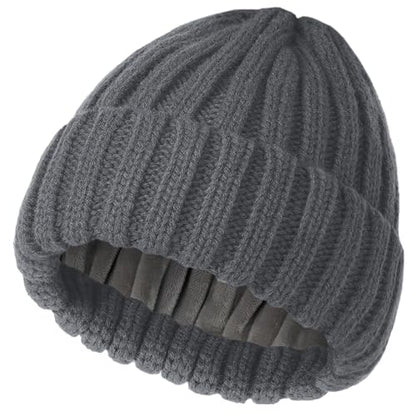 Fleece Lined Wool Beanie Hat Women Men,Winter Knit Chunky Snow Cap - color: 1-grey