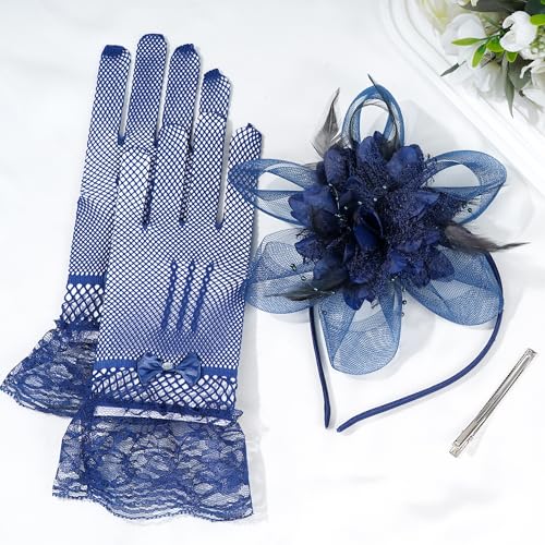 Fascinators Hats with Lace Gloves for Women Headband for Tea Party Wedding - color: Navy Blue