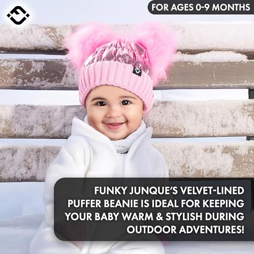 Funky Junque Baby Winter Beanie - Adorable Dual Pom Pom, Fleece Lined, Warm Infant Toddler Hat - color: Pink