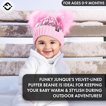 Funky Junque Baby Winter Beanie - Adorable Dual Pom Pom, Fleece Lined, Warm Infant Toddler Hat - color: Pink
