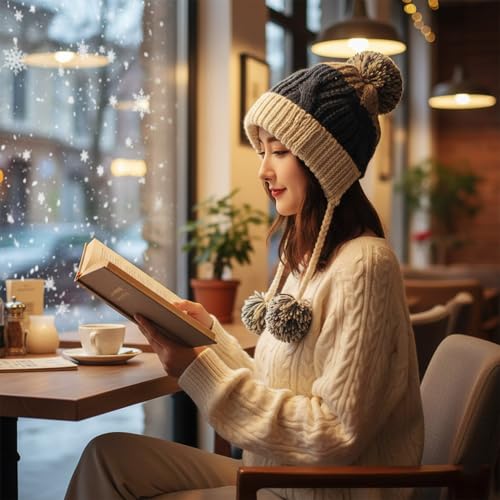 HUAMULAN Women Winter Sherpa Knit Beanie Hat Fleece Lined Ear Flaps - color: Lakeblue Beige