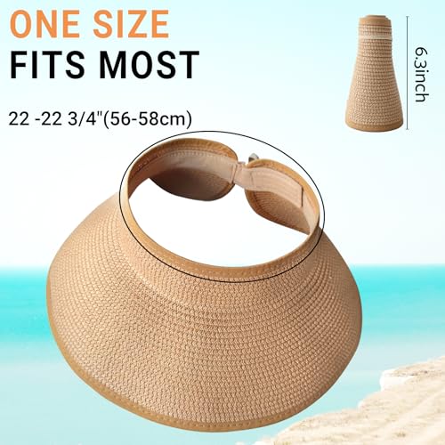 PFFY Sun Visor Hats for Women Wide Brim Straw Packable Ponytail Beach Hat - color: Beige