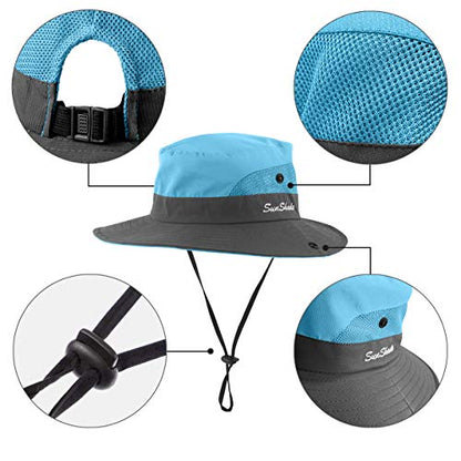 IYEBRAO 2 Pack Womens Ponytail Sun Hat UV Protection Bucket Hats Foldable Wide Brim Summer Boonie Beach Cap Fishing Hiking… - color: Pink & Sky Blue