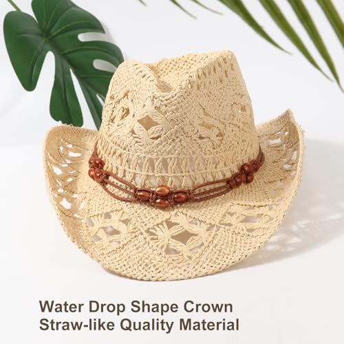 AQOKKA Straw Cowboy Hats for Women Men Western Cowgirl Hats with Shapeable Brim Woven Hollow Out Unisex Beach Roll Up Caps - color: Brown Beads Cowboy Hat : Beige