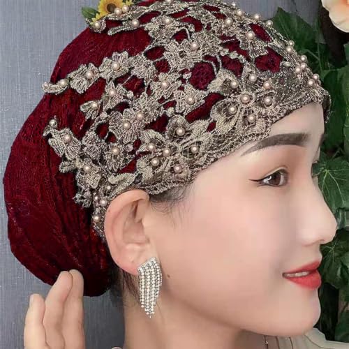 haozaikeji Women Flower Turban Hat Rhinestones Muslim Islamic Head Wrap African Pearl Turban Soft Stretchy Head Cover - color: Red