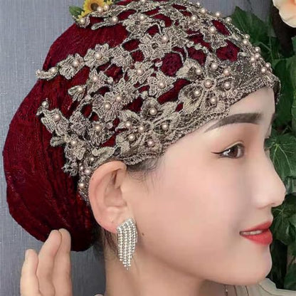 haozaikeji Women Flower Turban Hat Rhinestones Muslim Islamic Head Wrap African Pearl Turban Soft Stretchy Head Cover - color: Red
