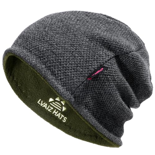 Lvaiz Winter Beanie for Men Women Warm Fleece Lined Reversible Skull Cap - color: Grey+dark Green