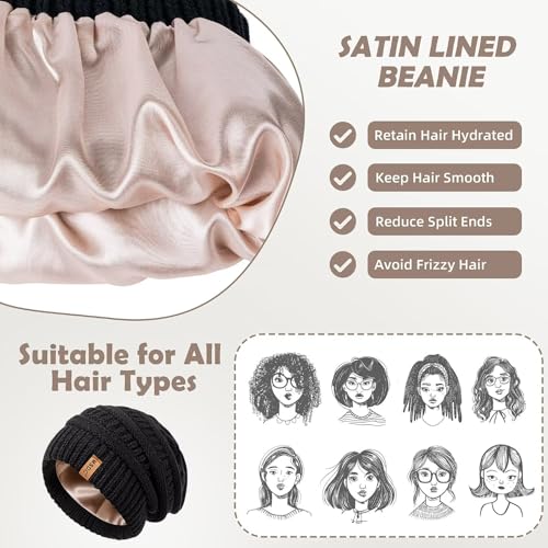 3 Pack Satin Lined Beanie for Women, Warm Slouchy Winter Hats with Silk Lined, Fashionable Oversized Cable Knit Hat Skull Cap - color: Black, Army, Navy
