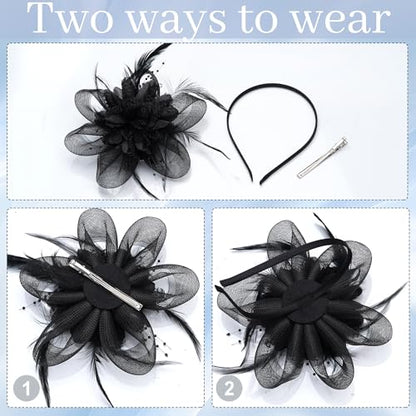 Fascinators Hats with Lace Gloves for Women Headband for Tea Party Wedding - color: Black