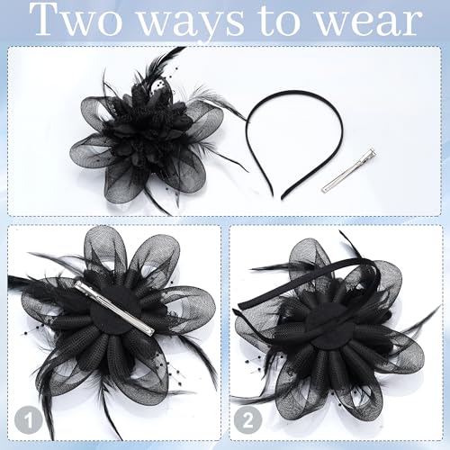 Fascinators Hats with Lace Gloves for Women Headband for Tea Party Wedding - color: Black