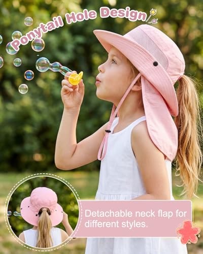 Century Star Kids Sun Hat with Ponytail Hole & Detachable Neck Flap UPF50+ Quick Dry Girls Bucket Hat for Outdoor Beach - color: Light Pink