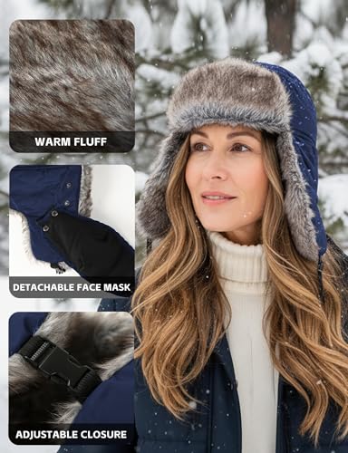 Buauty Fur Trapper Hat for Men Women Winter Windproof Soft Russian Ushanka Hats with Warm Ear Flaps & Removable Mask - color: Blue