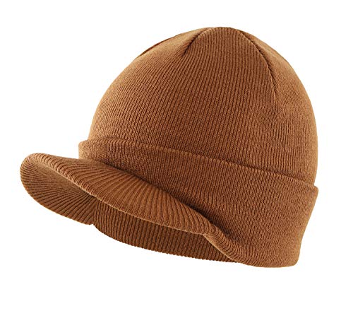 Home Prefer Men's Winter Beanie Hat with Brim Warm Double Knit Cuff Beanie Cap Watch Radar Hat - color: Brown
