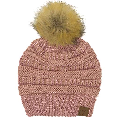 C.C Fur Pom Winter Fall Trendy Chunky Stretchy Cable Knit Beanie Hat - color: Metallic Rose