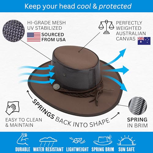 1048 Canvas Cooler - Australian Drover Sun Hat - Durable Canvas, Airflow Mesh, Lightweight, Wide Brim - color: Brown, size: X-Large