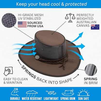 1048 Canvas Cooler - Australian Drover Sun Hat - Durable Canvas, Airflow Mesh, Lightweight, Wide Brim - color: Brown, size: Large