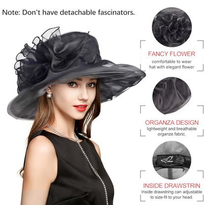 2026 Derby Hats for Women Ladies, Classy Organza Sun Hat, Church Tea Party Wedding Kentucky Fascinator Hat - color: 1a--4541-black