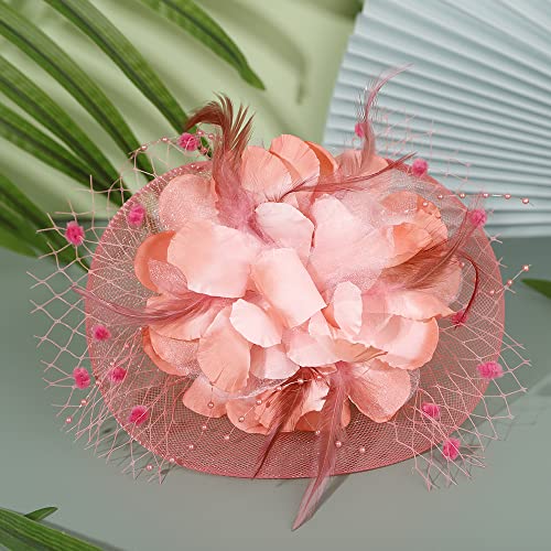 JWICOS Fascinators Hat for Women 50s Flower Hat with Veil Cocktail Wedding Tea Party Church Derby Hat - color: Coral