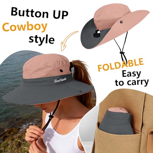 ZOORON Women's Ponytail Safari Sun Hat,Wide Brim UV Protection Bucket Hat - color: 1-pink