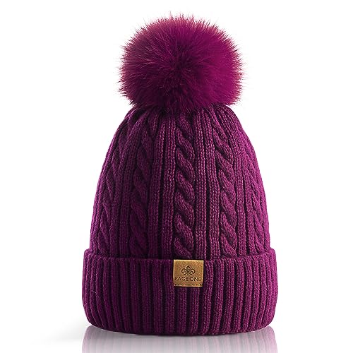PAGE ONE Women Winter Pom Pom Beanie Hats Warm Fleece Lined Knit Hat Chunky Trendy Cute Cap - color: Purple-1